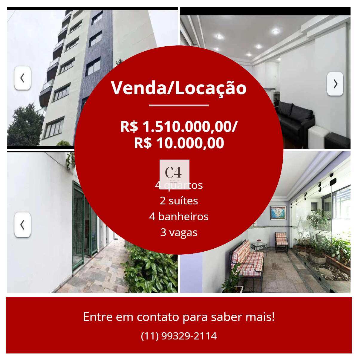 Excelente oportunidade- apto com 4 quartos, sendo 2 suítes, 153m² - Vila Clementino - Condominio Fellini - C4 Imóveissp / Cristianne Junqueira Rodrigues - Creci 152368